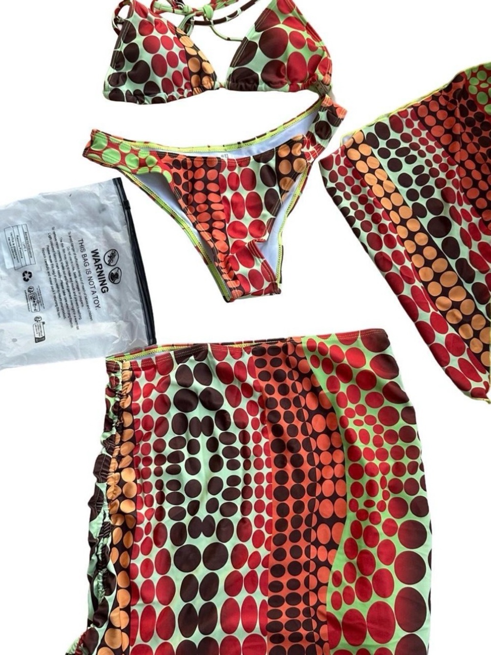 Fashion Nova Multicolor Dot Print Bikini Set - Red, Green, Orange, Brown